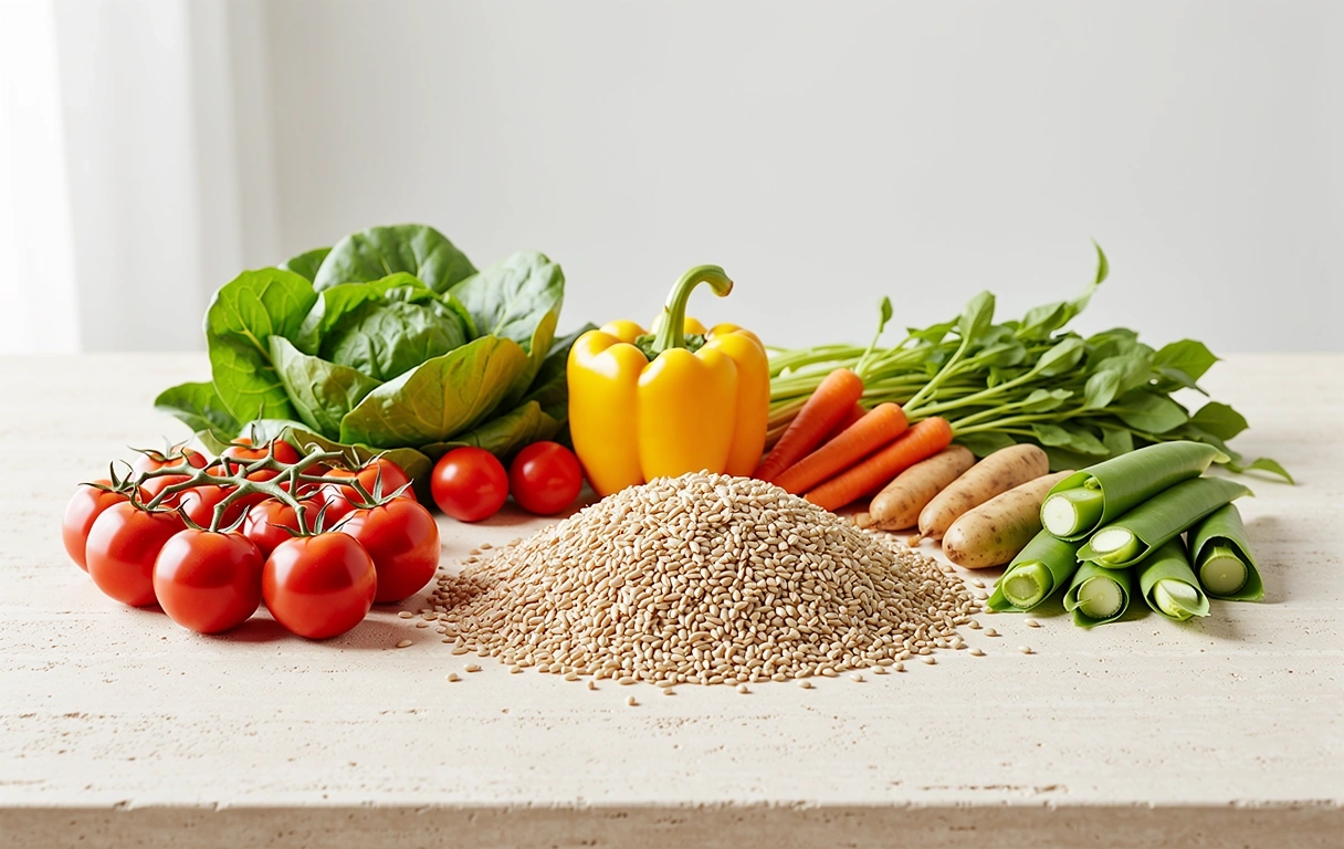 Terveellisiä raaka-aineita aseteltuna